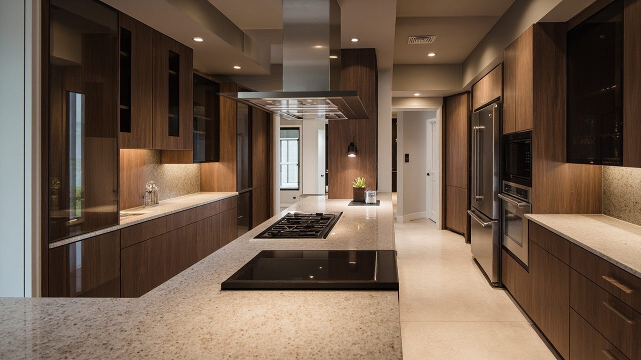Aerial view of a meticulously clean luxury kitchen in Houston, featuring custom kitchen cabinetry and high-end appliances.
