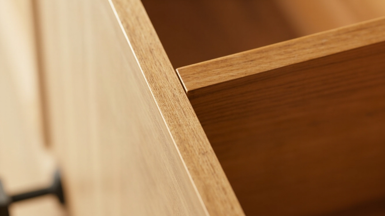 A close-up view of a custom European cabinet drawer showcasing a perfect dovetail joint, highlighting fine light-colored wood and intricate wood grain details. Keywords include custom cabinets Houston and luxury kitchen Houston.