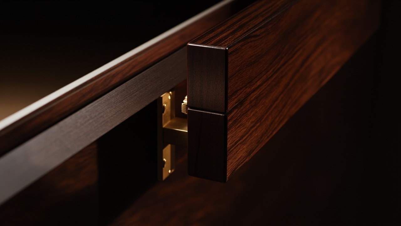 A close-up image of a luxury kitchen cabinet drawer featuring a soft-close mechanism, dark wood veneer, and a minimalist handle, reflecting high-end kitchen design in Houston.