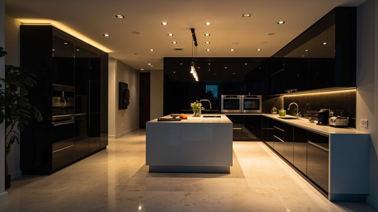 Luxurious modern kitchen featuring dark European cabinets and a bright island in a high-end Houston home.