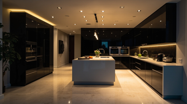 Luxurious modern kitchen featuring dark European cabinets and a bright island in a high-end Houston home.