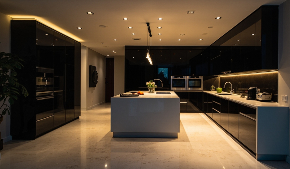 Luxurious modern kitchen featuring dark European cabinets and a bright island in a high-end Houston home.