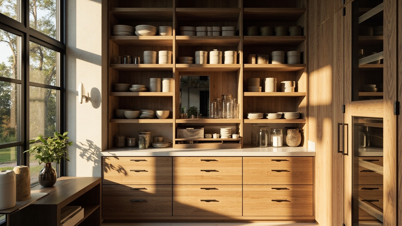 A luxury kitchen pantry showcasing sustainable design with reclaimed wood shelves, eco-friendly storage containers, and warm natural light.