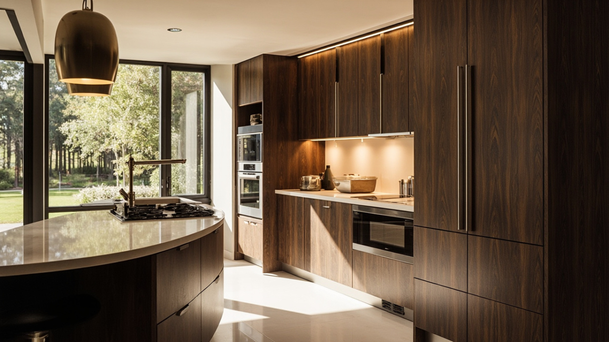A spacious modern European-style kitchen featuring custom cabinets in a high-end Houston home, highlighting dark wood cabinetry and integrated appliances, bathed in natural light.