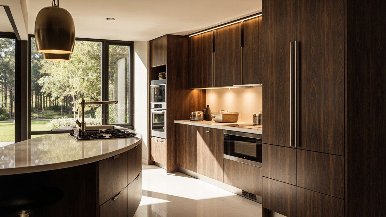 A spacious modern European-style kitchen featuring custom cabinets in a high-end Houston home, highlighting dark wood cabinetry and integrated appliances, bathed in natural light.