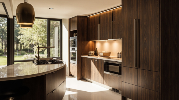 A spacious modern European-style kitchen featuring custom cabinets in a high-end Houston home, highlighting dark wood cabinetry and integrated appliances, bathed in natural light.
