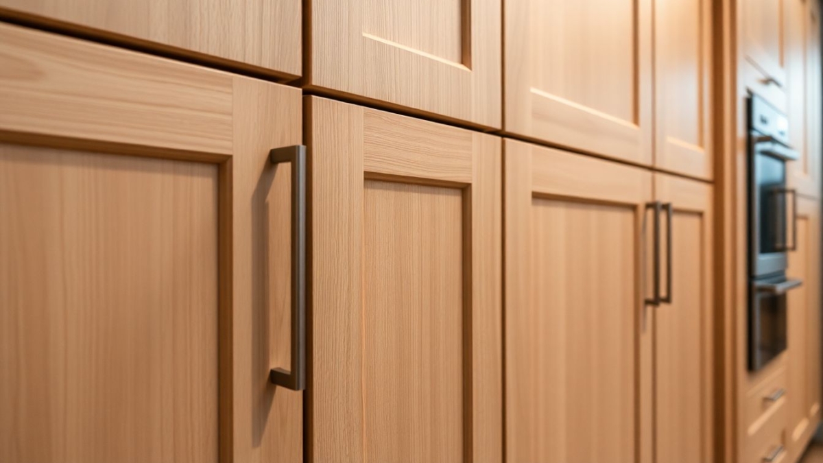 Close-up image of custom made cabinets showcasing European cabinetry craftsmanship with smooth wood surfaces and metal hardware, set in a luxury kitchen design environment.