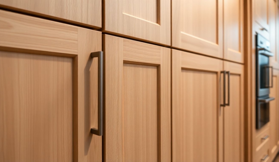 Close-up image of custom made cabinets showcasing European cabinetry craftsmanship with smooth wood surfaces and metal hardware, set in a luxury kitchen design environment.