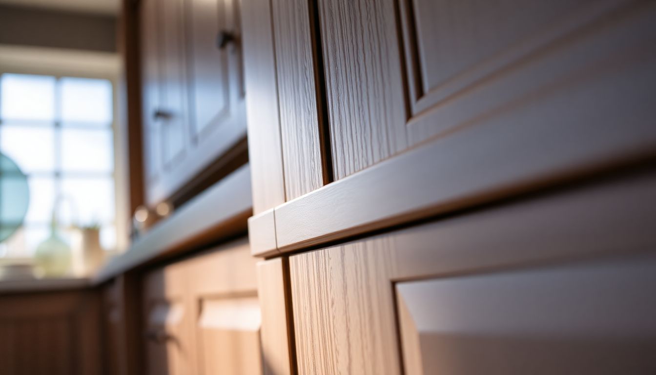 High-resolution close-up of corner joints on custom made cabinets highlighting European cabinetry with flawless finish in a luxury kitchen design