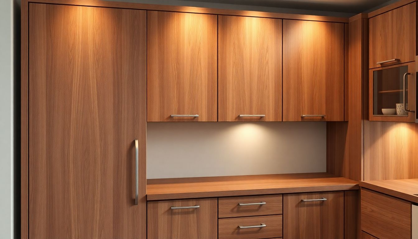 Close-up artistic view of custom made cabinets featuring European cabinetry wood finishes under warm kitchen lighting, highlighting subtle textures and matte coatings in a luxury kitchen design.