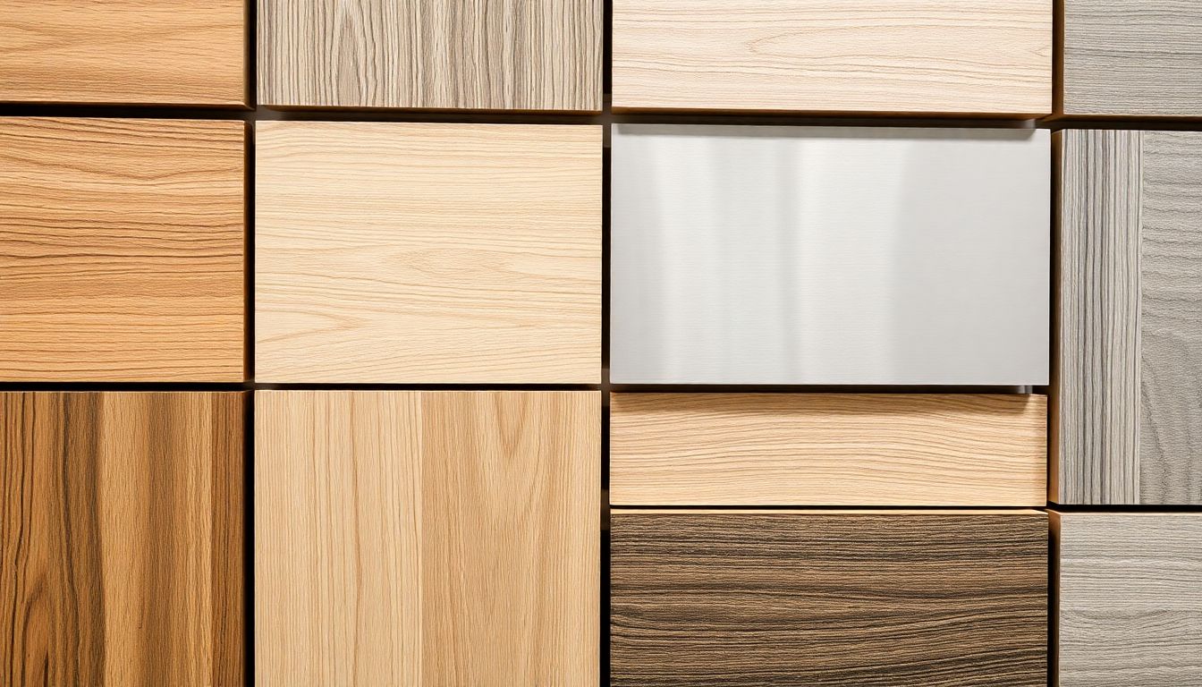 Close-up of various European kitchen cabinet textures and finishes including natural wood grains, matte laminates, and brushed metal accents in DOCA Houston kitchen showroom.