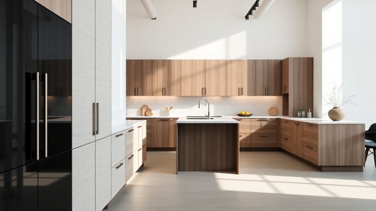 Wide-angle view of DOCA Houston kitchen showroom featuring luxury European kitchen cabinets with sleek minimalist design and soft natural lighting