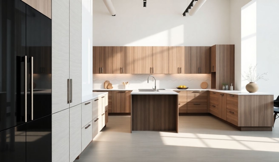 Wide-angle view of DOCA Houston kitchen showroom featuring luxury European kitchen cabinets with sleek minimalist design and soft natural lighting