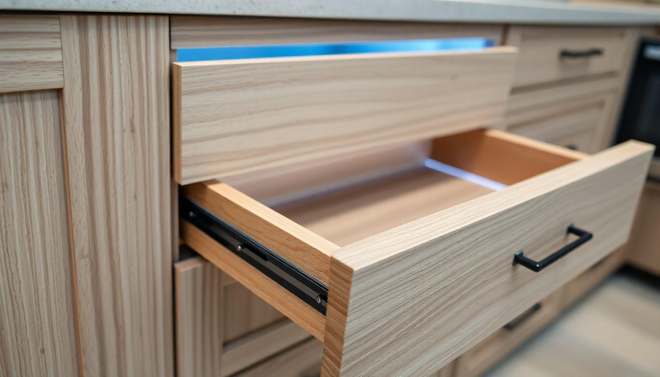 Close-up of European cabinetry drawer detail featuring a soft-close mechanism, matte wood veneer finish, and integrated LED lighting in a luxury kitchen design in Houston.