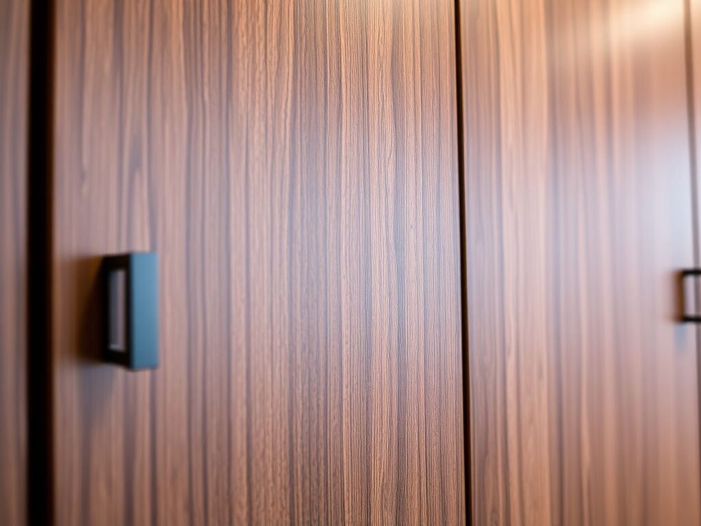 Close-up of high-end European cabinet surfaces showing wood veneer texture with matte and glossy finishes in a contemporary kitchen, highlighting tactile detail under natural and artificial lighting in a luxury kitchen design, perfect for kitchen showrooms near me.