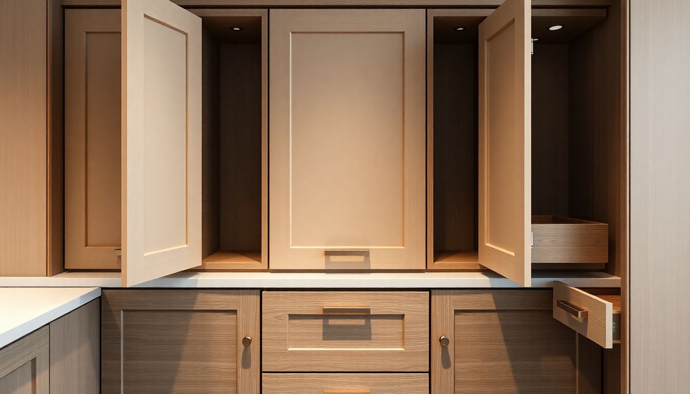 Detailed view of open and closed European kitchen drawers and cabinets showcasing smooth hardware mechanisms and integrated storage solutions in a luxury kitchen design, perfect for kitchen showrooms near me.
