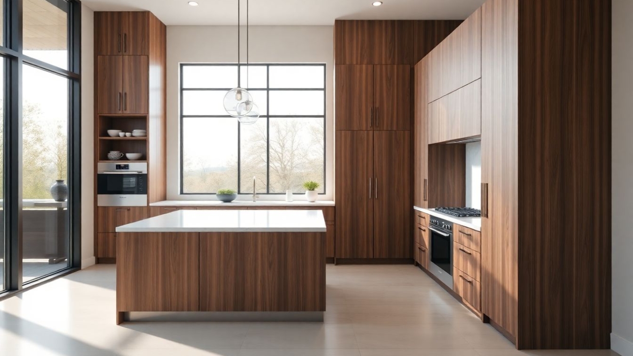 Wide-angle view of a high-end kitchen in Houston featuring European cabinetry with sleek wood and matte finishes, quartz countertops, large windows letting in natural daylight, modern minimalist style emphasizing luxury kitchen design Houston.