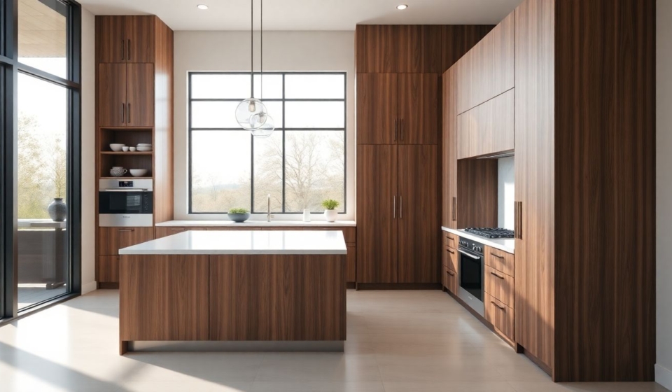 Wide-angle view of a high-end kitchen in Houston featuring European cabinetry with sleek wood and matte finishes, quartz countertops, large windows letting in natural daylight, modern minimalist style emphasizing luxury kitchen design Houston.