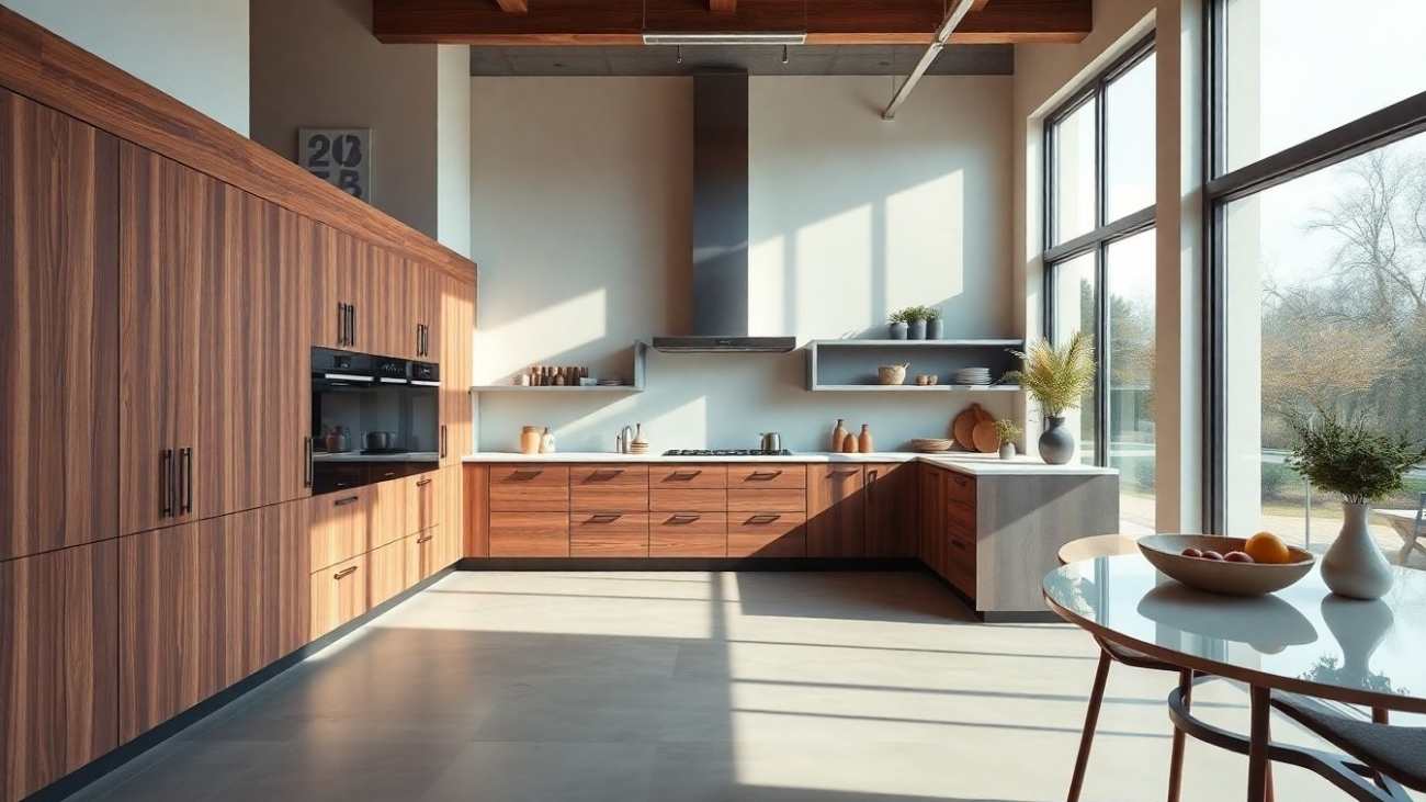 Wide-angle view of a European cabinets showroom featuring bespoke luxury kitchen design with matte surfaces and rich wood finishes, in a bright kitchen showroom near me setting.