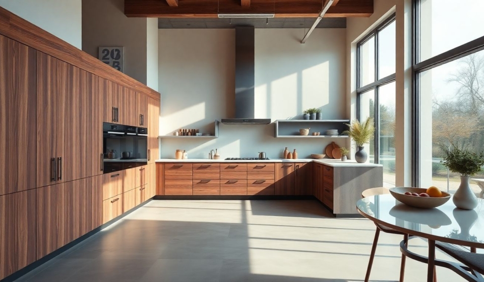Wide-angle view of a European cabinets showroom featuring bespoke luxury kitchen design with matte surfaces and rich wood finishes, in a bright kitchen showroom near me setting.