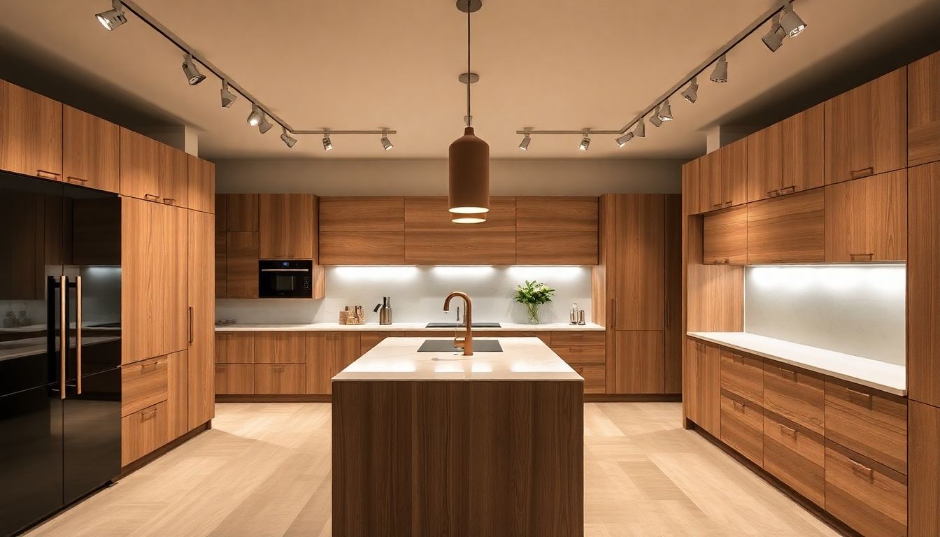 Interior of a modern DOCA Houston showroom featuring elegant European cabinets with natural wood grains and matte finished panels, showcasing luxury kitchen design in a bright, minimalist space