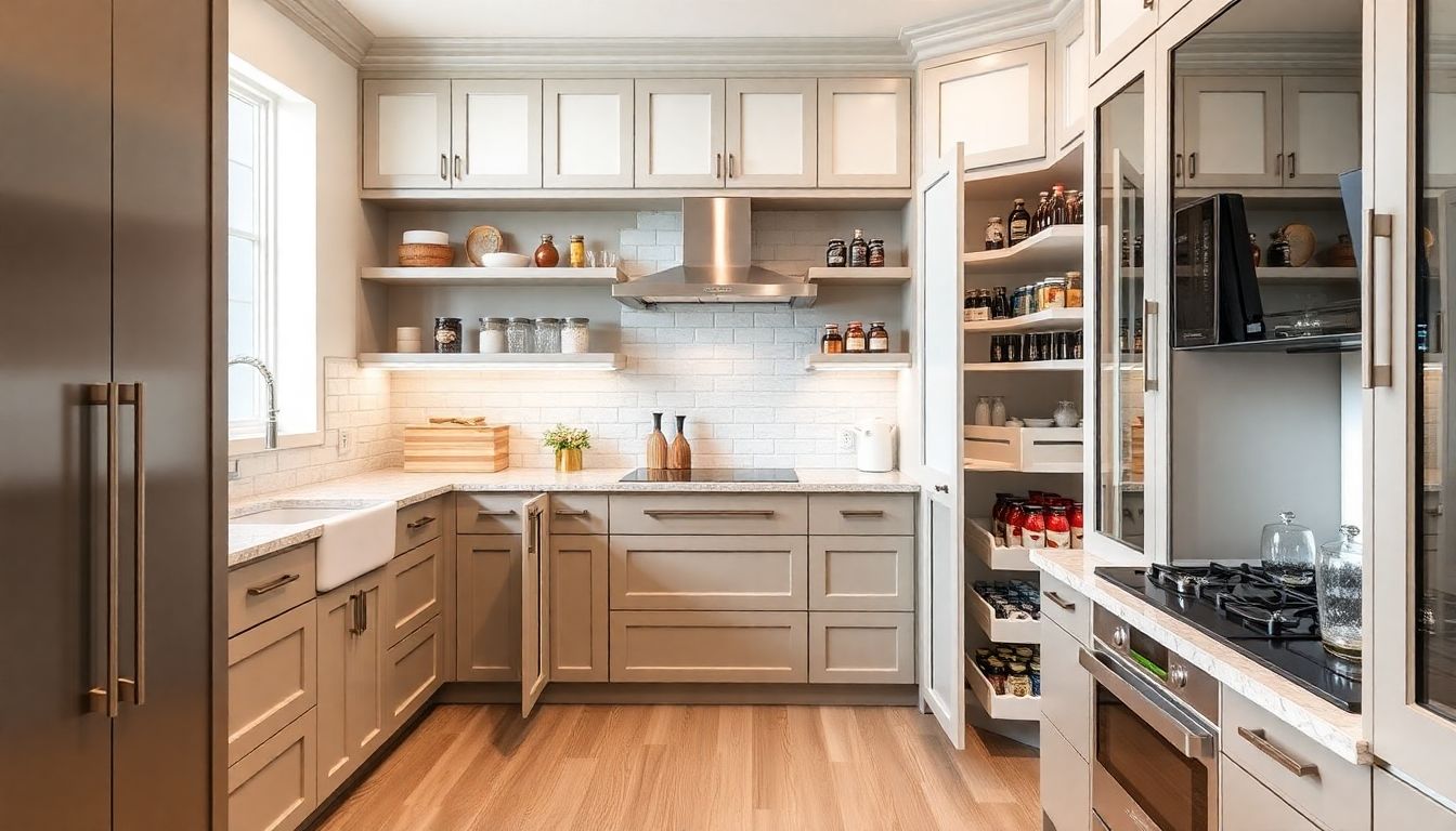 High-end kitchens Houston featuring European cabinetry with integrated pull-out pantry shelves and spice racks in a modern luxury kitchen design Houston