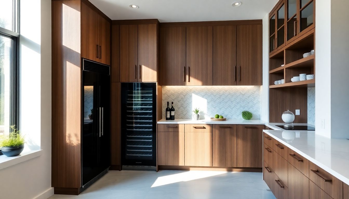 Contemporary luxury kitchen corner showcasing custom European cabinetry and a built-in wine fridge, illuminated by natural afternoon light near a large window with an indoor herb garden, exemplifying high-end kitchens Houston design.