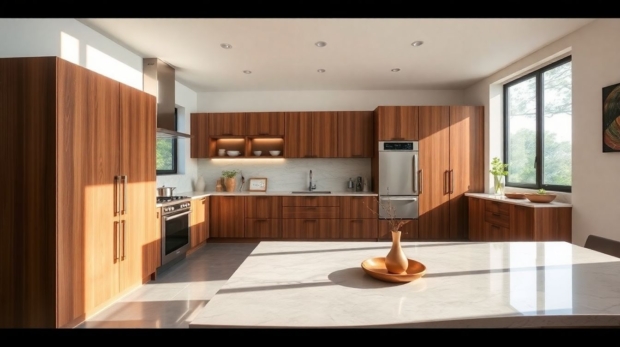 Wide-angle view of a luxury kitchen remodel featuring bespoke European kitchen cabinets, sleek lines, and high-end wood and stone finishes illuminated by soft natural daylight.