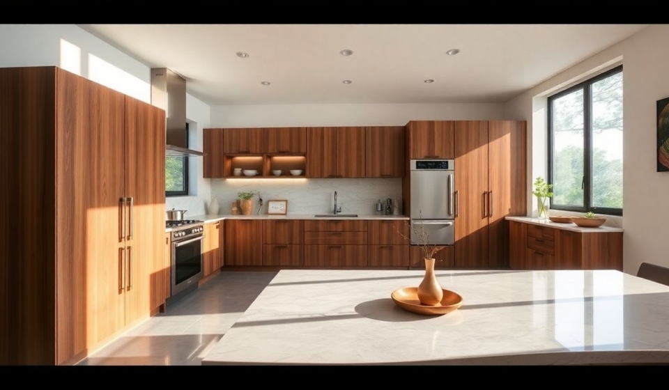 Wide-angle view of a luxury kitchen remodel featuring bespoke European kitchen cabinets, sleek lines, and high-end wood and stone finishes illuminated by soft natural daylight.