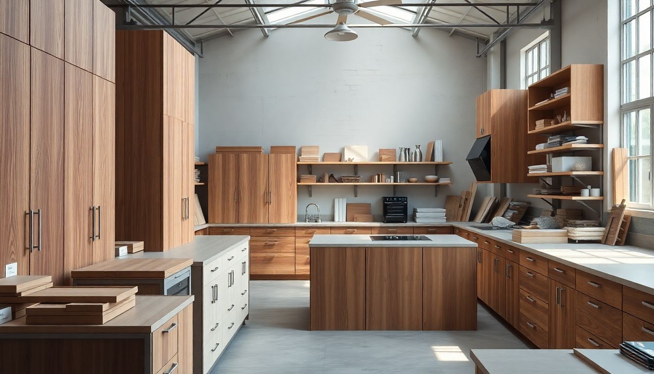 Modern workshop environment showcasing European cabinetry prototypes with custom made cabinets and luxury kitchen design samples under natural light