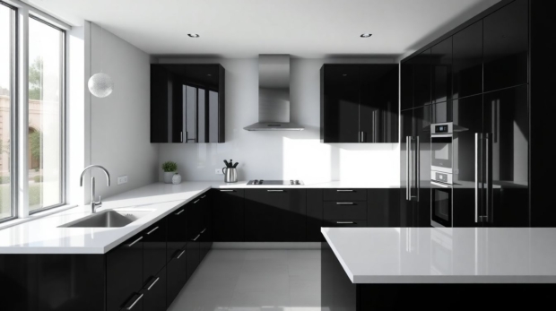 Wide-angle view of a minimalist black and white kitchen showcasing monochrome kitchen design with glossy black cabinets, matte white countertops, and European cabinetry inspired by Houston styles, illuminated by natural daylight with soft shadows, stainless steel appliances, and subtle steam rising from a teapot on the island.