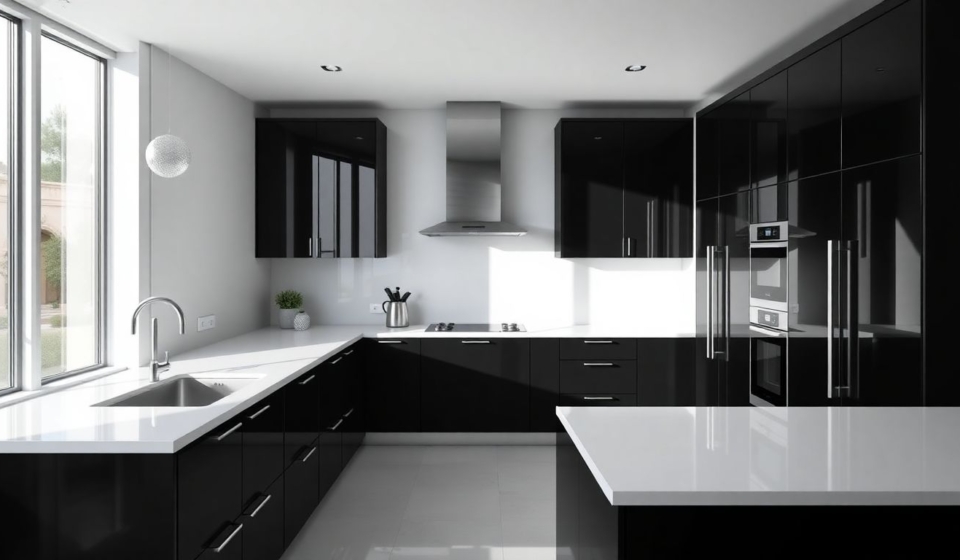 Wide-angle view of a minimalist black and white kitchen showcasing monochrome kitchen design with glossy black cabinets, matte white countertops, and European cabinetry inspired by Houston styles, illuminated by natural daylight with soft shadows, stainless steel appliances, and subtle steam rising from a teapot on the island.