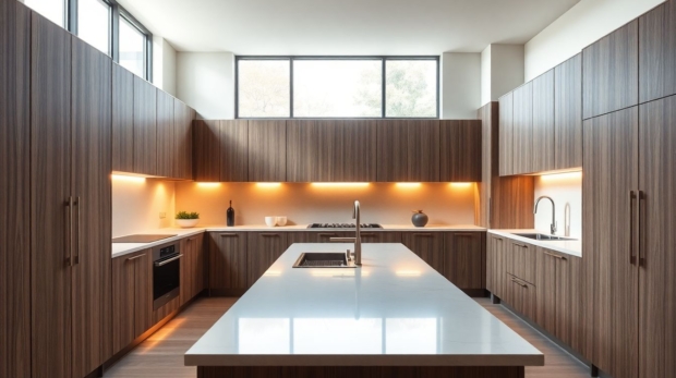 Wide-angle interior view of a contemporary luxury kitchen featuring bespoke European cabinetry, minimalist island, matte wood grain finishes, and integrated appliances, illuminated by soft natural light from large windows.
