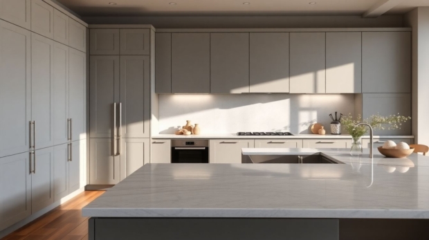 Close-up of custom European cabinets showcasing luxury kitchen cabinetry with bespoke European designs in soft gray matte finishes, arranged in a modern open-plan kitchen featuring marble countertops and wooden floors under natural daylight.