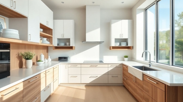 Wide-angle view of a serene luxury kitchen design by a kitchen cabinet designer, featuring sleek custom European cabinets in matte white finish, open shelves with minimalist dishware, and soft natural light on glossy countertops.