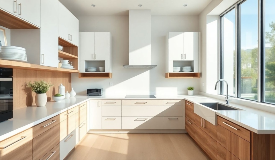 Wide-angle view of a serene luxury kitchen design by a kitchen cabinet designer, featuring sleek custom European cabinets in matte white finish, open shelves with minimalist dishware, and soft natural light on glossy countertops.