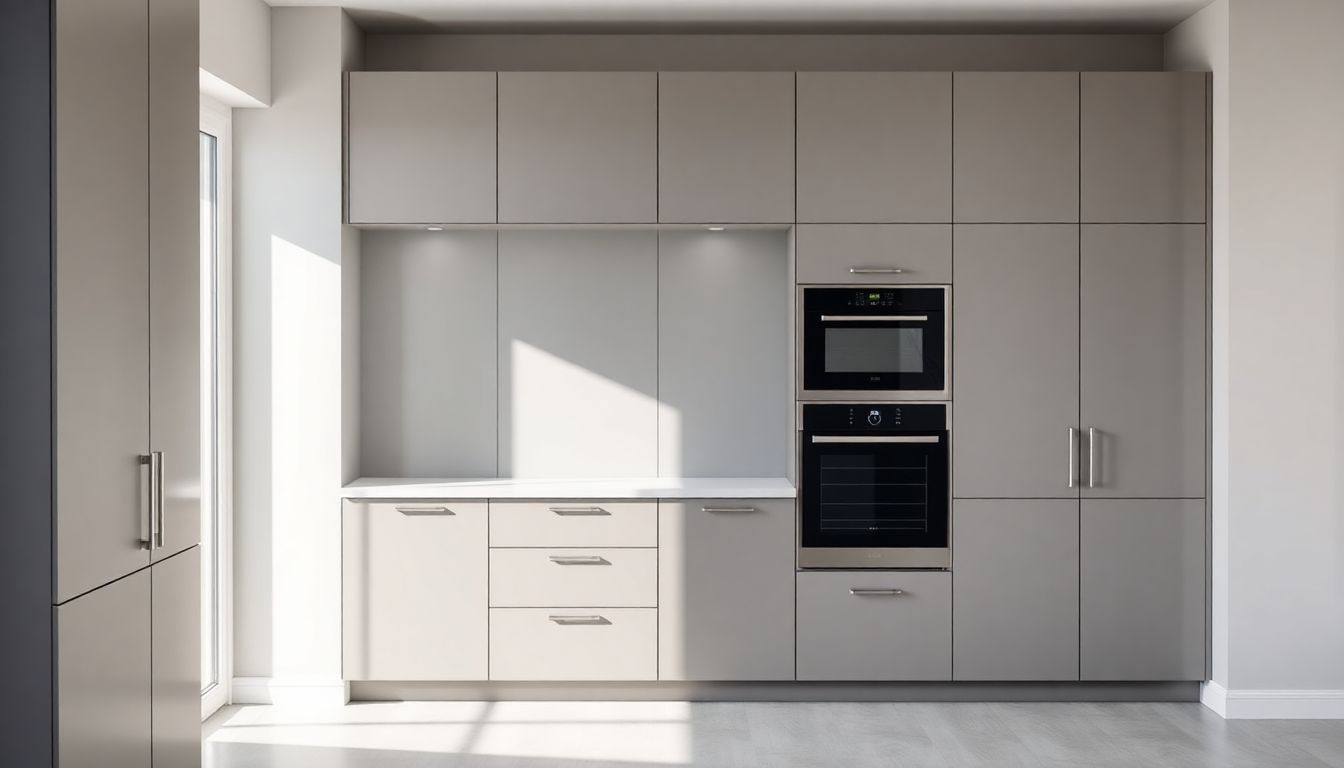 Side-angle view of custom European kitchen cabinets with integrated appliance panels in smooth gray tones, set in a spacious minimalist kitchen with diffused natural light highlighting seamless joinery and reflective surfaces.