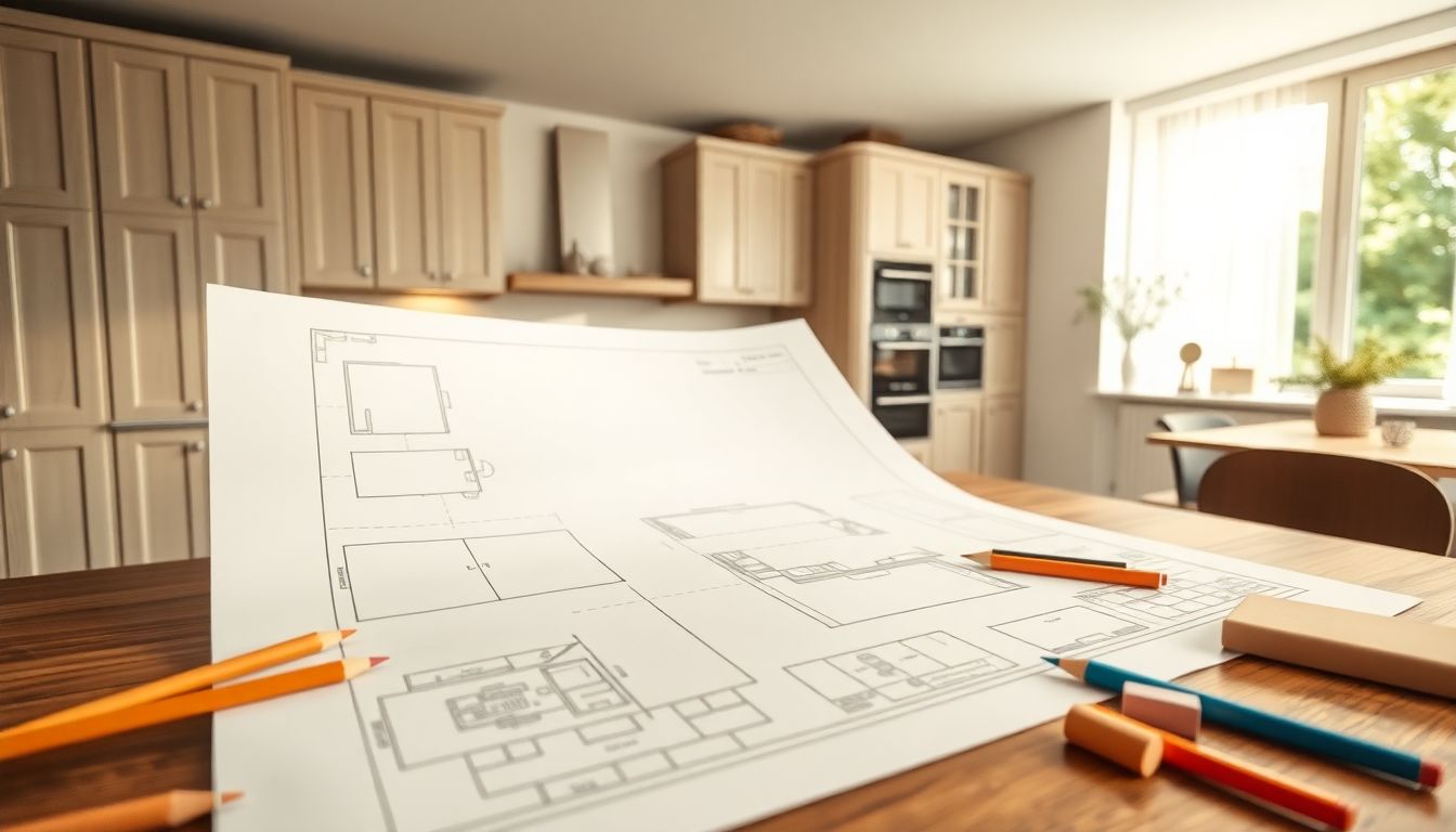Detailed hand-drawn blueprint of a modern kitchen layout showcasing custom kitchen design with European cabinetry, spread across a table surrounded by pencils and erasers in a cozy design office with diffused daylight.