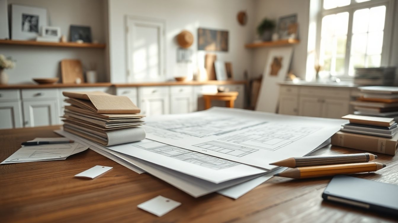 Close-up view of scattered architectural sketches and material swatches for custom kitchen design and European cabinetry on a wooden drafting table in a sunlit studio, evoking creativity in luxury kitchen remodeling.