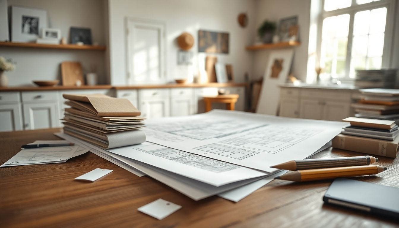 Close-up view of scattered architectural sketches and material swatches for custom kitchen design and European cabinetry on a wooden drafting table in a sunlit studio, evoking creativity in luxury kitchen remodeling.