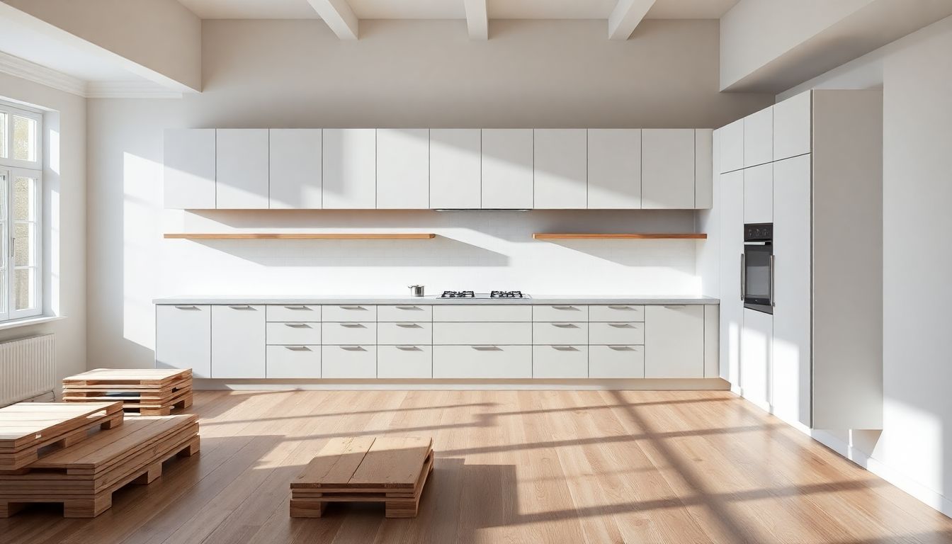 Overhead perspective of modular kitchen cabinets being arranged in an empty room for custom kitchen design, featuring European cabinetry with clean lines and natural light casting soft shadows, ideal for luxury kitchen remodeling.