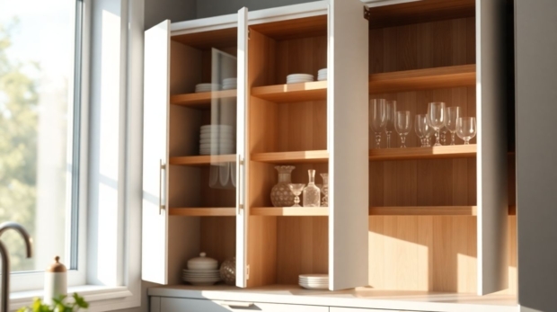 Close-up of sleek euro cabinets featuring smooth matte white doors slightly ajar, revealing organized minimalist glassware on wooden shelves in a bright modern European cabinetry kitchen design, with soft natural light and subtle shadows.