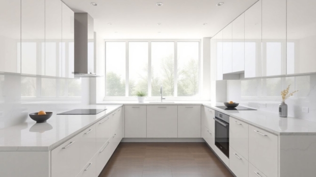 A wide-angle view of a luxury kitchen featuring glossy white European cabinetry and marble countertops, with soft natural daylight creating gentle shadows and highlighting minimalist design elements that reveal kitchen design secrets.