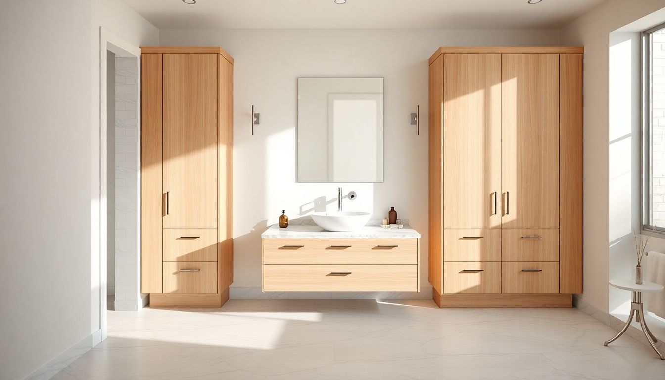 Wide shot of a luxurious bathroom vanity with European cabinets in light oak, floating design, under-mount sink, and veined marble countertop illuminated by natural daylight, ideal for buying European cabinetry in Houston.