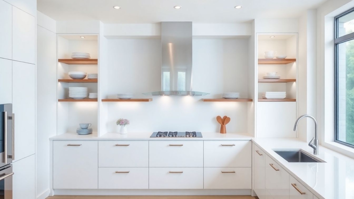 Wide-angle view of a luxurious modern kitchen in Houston featuring European cabinets in matte white finish, open shelves with minimalist dishware, and soft natural light creating subtle shadows on glossy surfaces.
