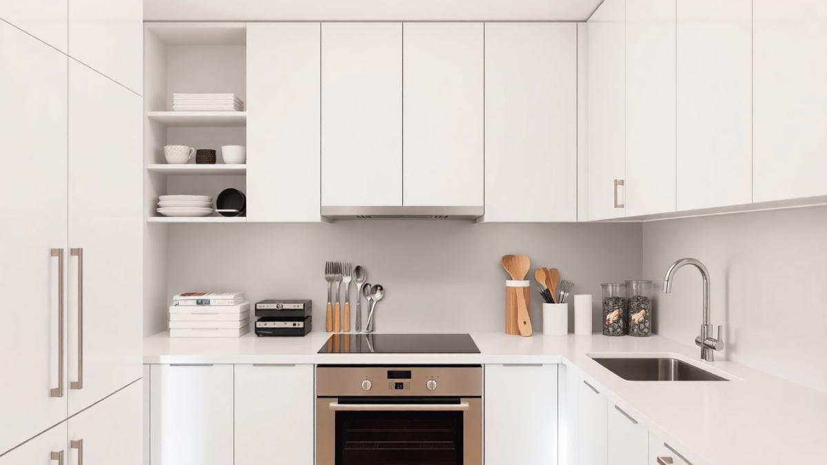Close-up view of sleek European kitchen cabinets with smooth matte white surfaces and integrated pull-out shelves stocked with utensils, in a bright modern kitchen with natural daylight and minimalist composition.