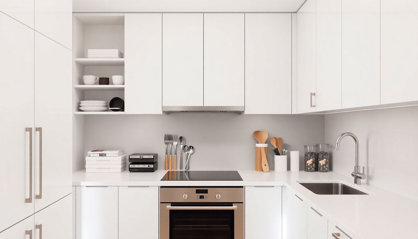 Close-up view of sleek European kitchen cabinets with smooth matte white surfaces and integrated pull-out shelves stocked with utensils, in a bright modern kitchen with natural daylight and minimalist composition.
