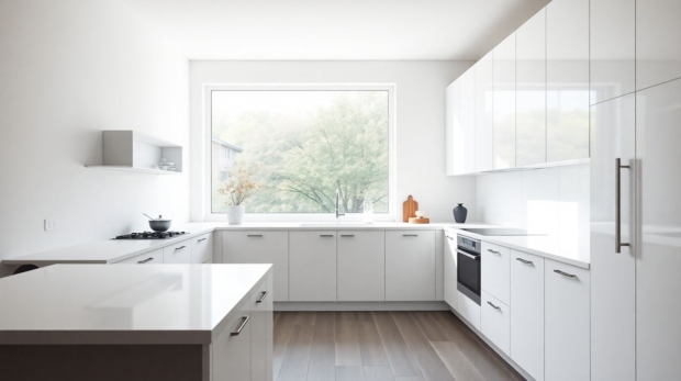 Minimalist kitchen with sleek European kitchen cabinets in matte white lacquer, luxury kitchen design featuring integrated handles and soft-close doors, natural daylight streaming through a large window onto the glossy countertop.