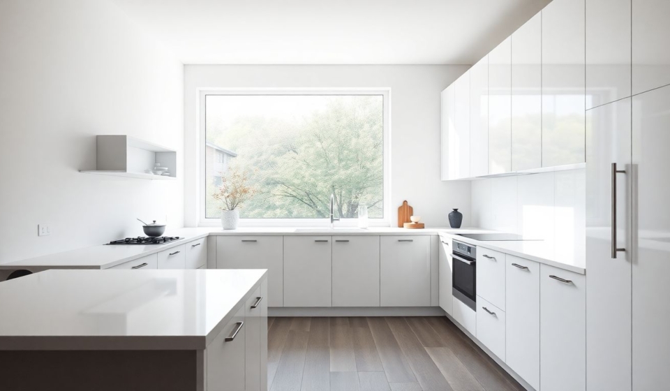 Minimalist kitchen with sleek European kitchen cabinets in matte white lacquer, luxury kitchen design featuring integrated handles and soft-close doors, natural daylight streaming through a large window onto the glossy countertop.