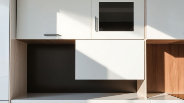 Close-up view of sleek European-style kitchen cabinets in a modern luxury setting, featuring glossy white lacquer handleless doors and soft matte black interiors, highlighting key differences from American cabinets with clean lines and subtle wood grain textures.